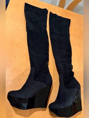 Robert Clergerie Black Over-the-Knee Wedge Platform Boots
